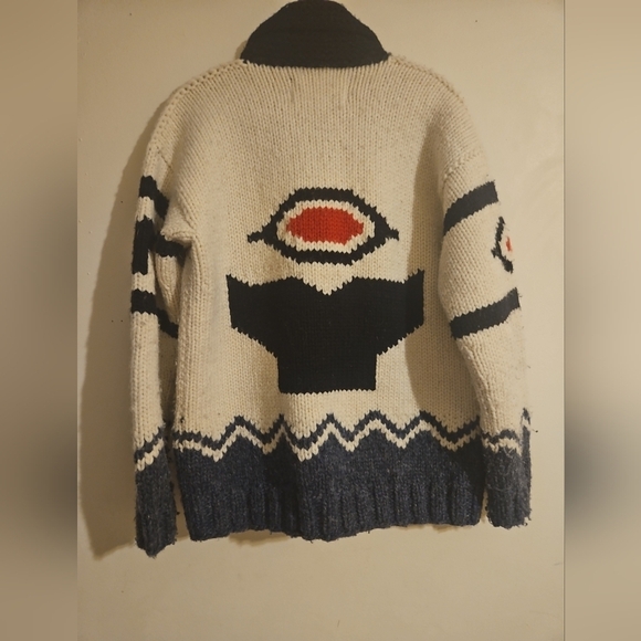 Canadian Sweater Company Intarsia Wool Zip Cardigan Jacket Orca Whale Beige Blue - Picture 2 of 10